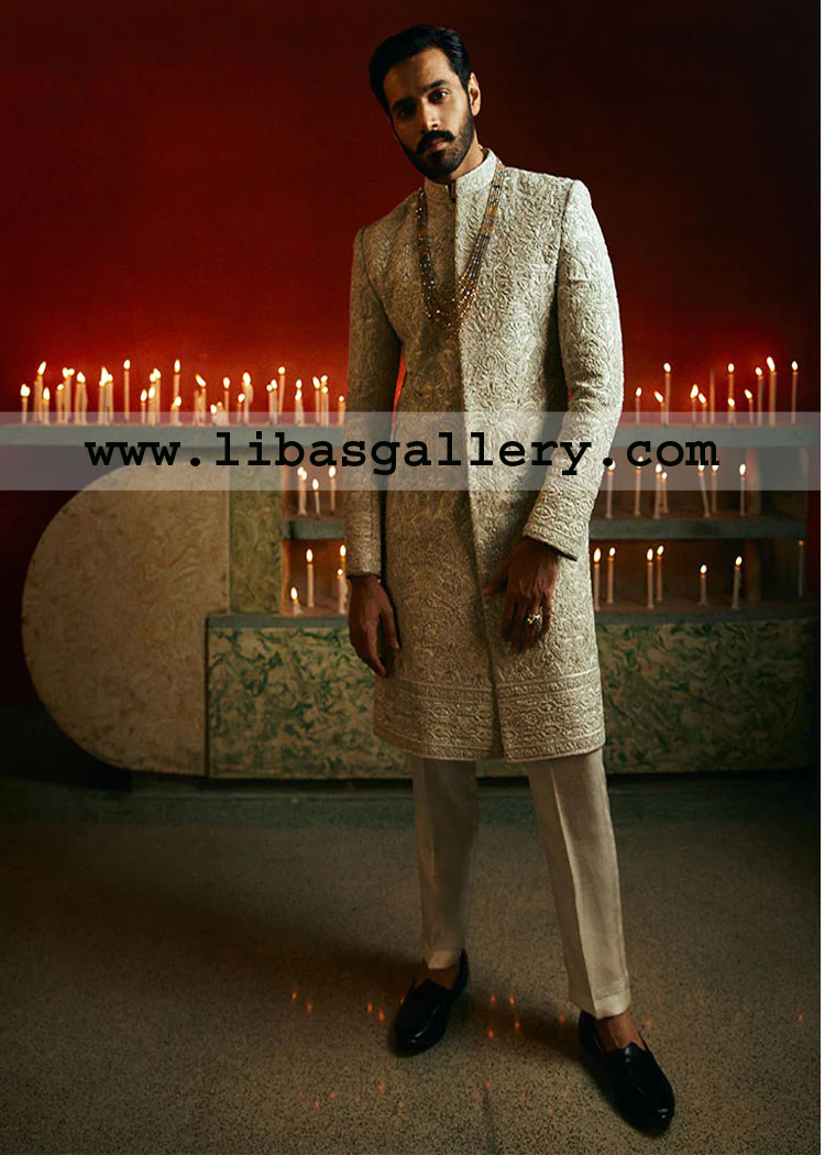 Ivory self jamawar groom wedding sherwani celebrity style