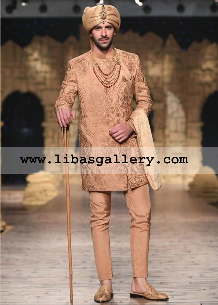 luxurious statement bespoke embroidered designer groom sherwani