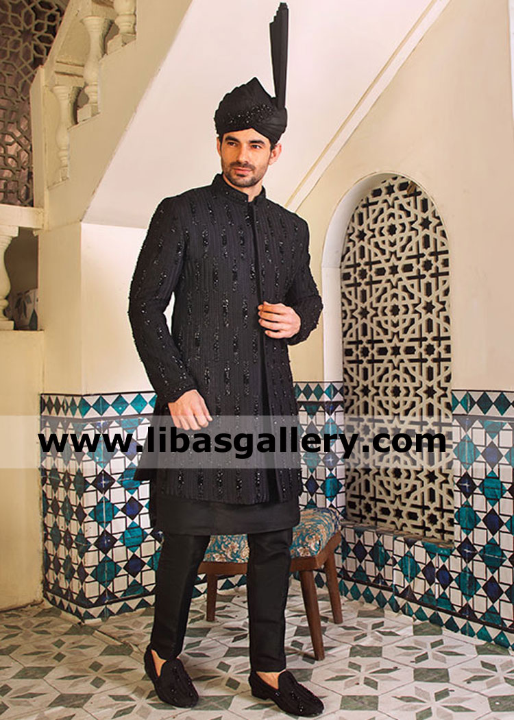 Jet Black bead work groom wedding sherwani expertly tailored