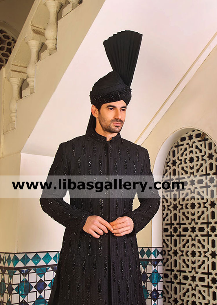 Jet Black bead work groom wedding sherwani expertly tailored