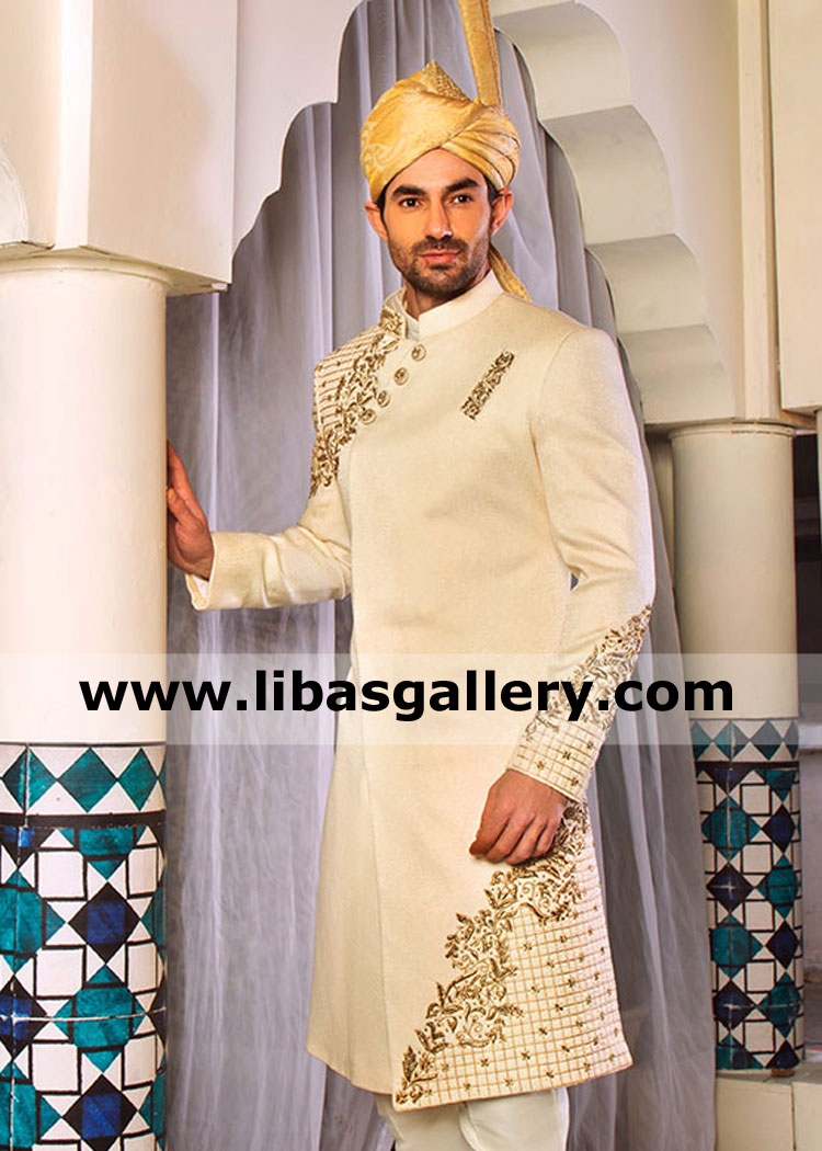 Ivory Gold Side Cut Groom Wedding Sherwani For Nikah Barat Comfortable Fitting Gold Pretied 