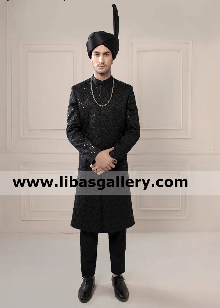 Black heavy amazing sequins Embroidered fabric mens nikah wedding sherwani with matching pretied turban and inner suit toronto montreal canada