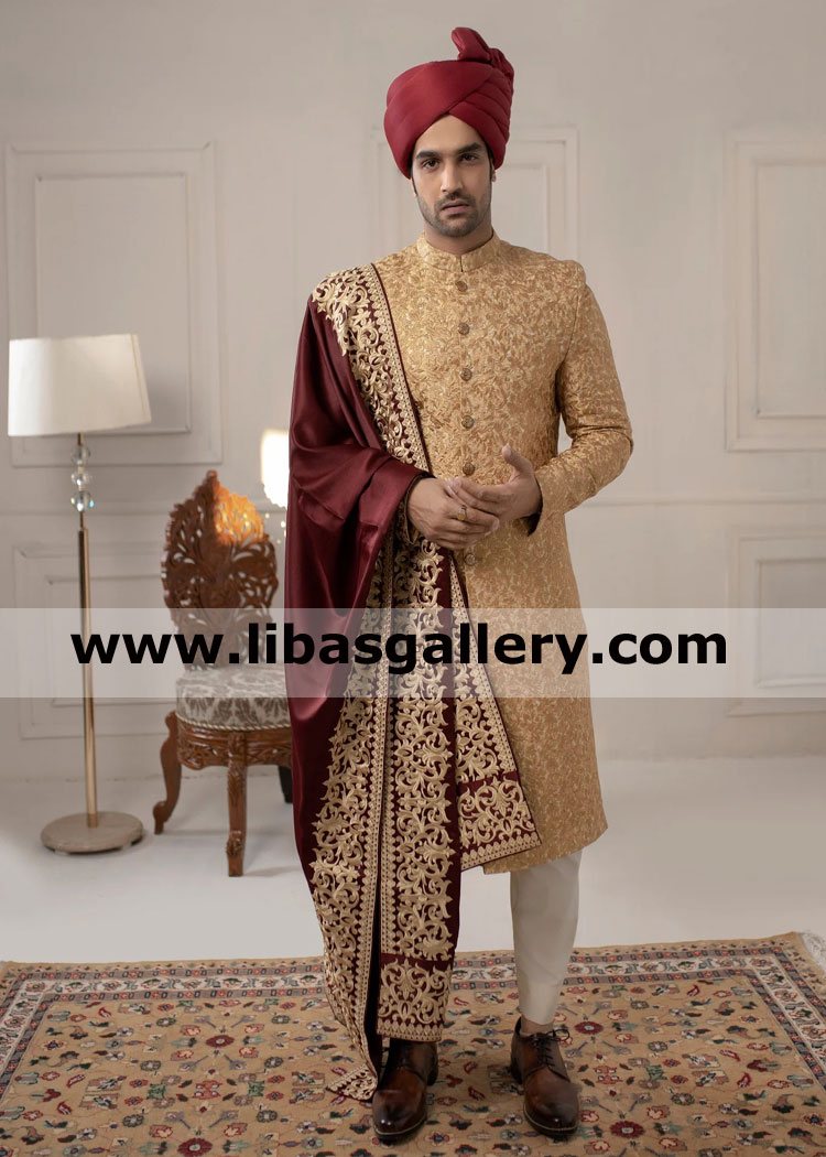 golden heavy embroidered groom nikah barat event sherwani add maroon pretied pagri and maroon embroidered gents shawl france qatar australia