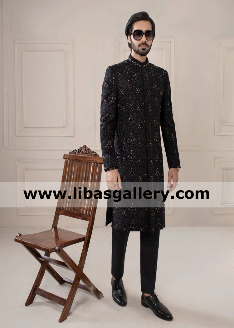 buy latest Embroidered fabric sherwani design in black for men nikah barat time with matching inner Illinois Washington new york USA