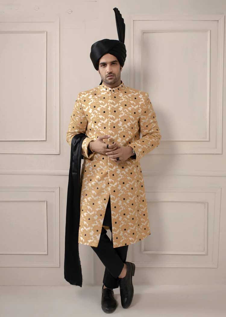 groom golden wedding sherwani embroidered with black dots design custom made for nikah barat engagement event Colorado Tennessee USA