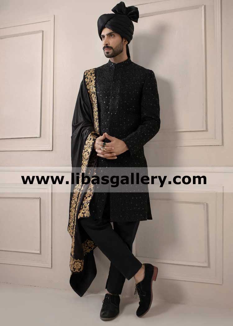 latest nikah barat black embroidered fabric wedding sherwani suit with hand embellishment nicely on front and sleeves  Toronto Vancouver Canada