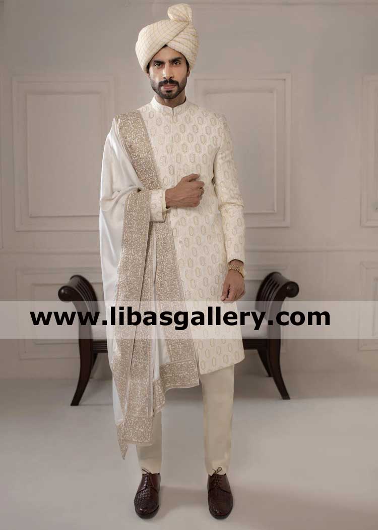 Classic white Sequins Embroidered groom sherwani article for men nikah barat event order online worldwide delivery uk usa canada australia saudi arabia