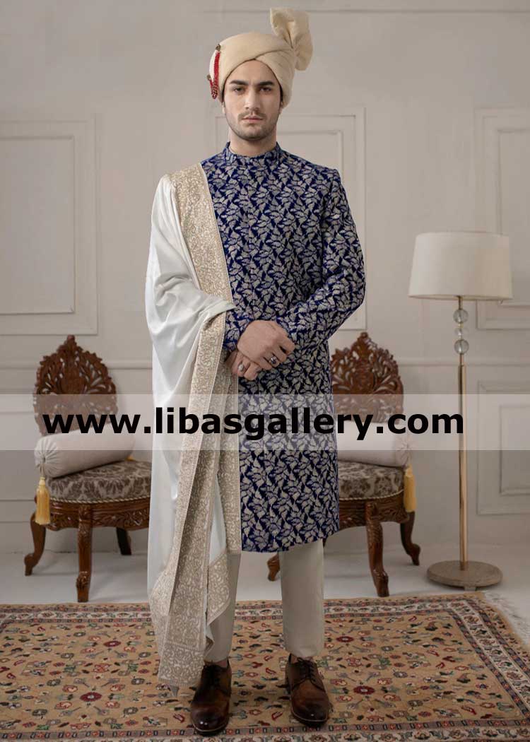 Blue velvet embroidered groom wedding sherwani latest design pretied turban soft fabric embroidered shawl nikah barat event rehearsal Saudi Arabia Qatar Kuwait