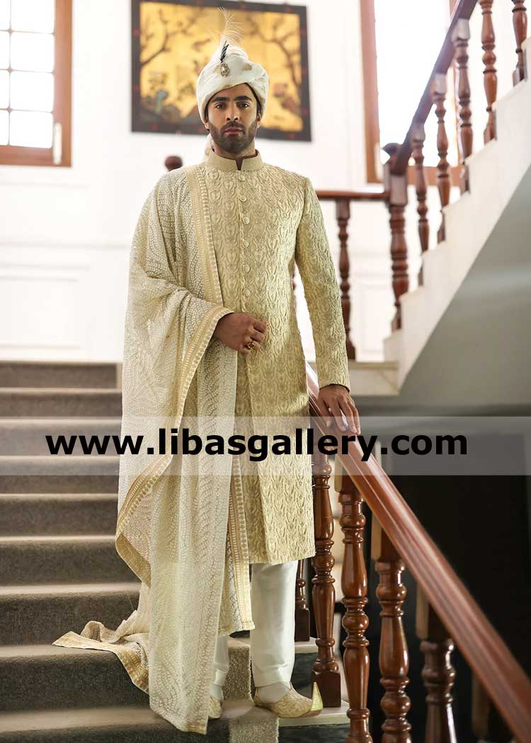 Limited Edition Sherwani Crafted with Hand Embroidery for groom nikah barat day turban and shawl on additional in package Arizona Pennsylvania USA