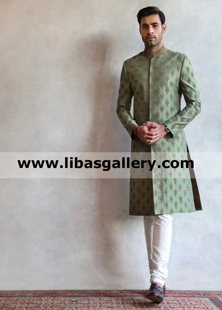 Groom heavy embroidered green wedding sherwani suit with soft fabric off white inner suit fast making and shipping sharjah abu dhabi dubai uae