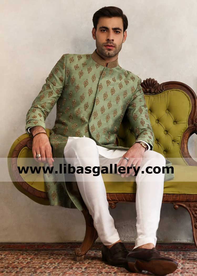 Groom heavy embroidered green wedding sherwani suit
