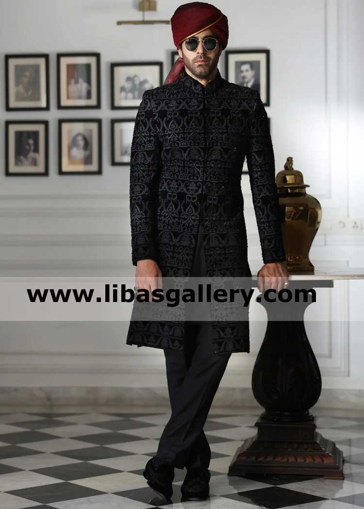 Black heavy embroidered groom nikah barat sherwani in velvet add pretied red turban to look royal on nikah day Mississippi Connecticut USA