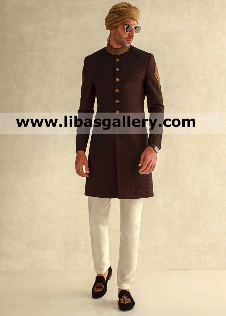 Maroon groom wedding sherwani design gold embroidery on collar arm gold turban matching khussa available uk usa dubai australia canada