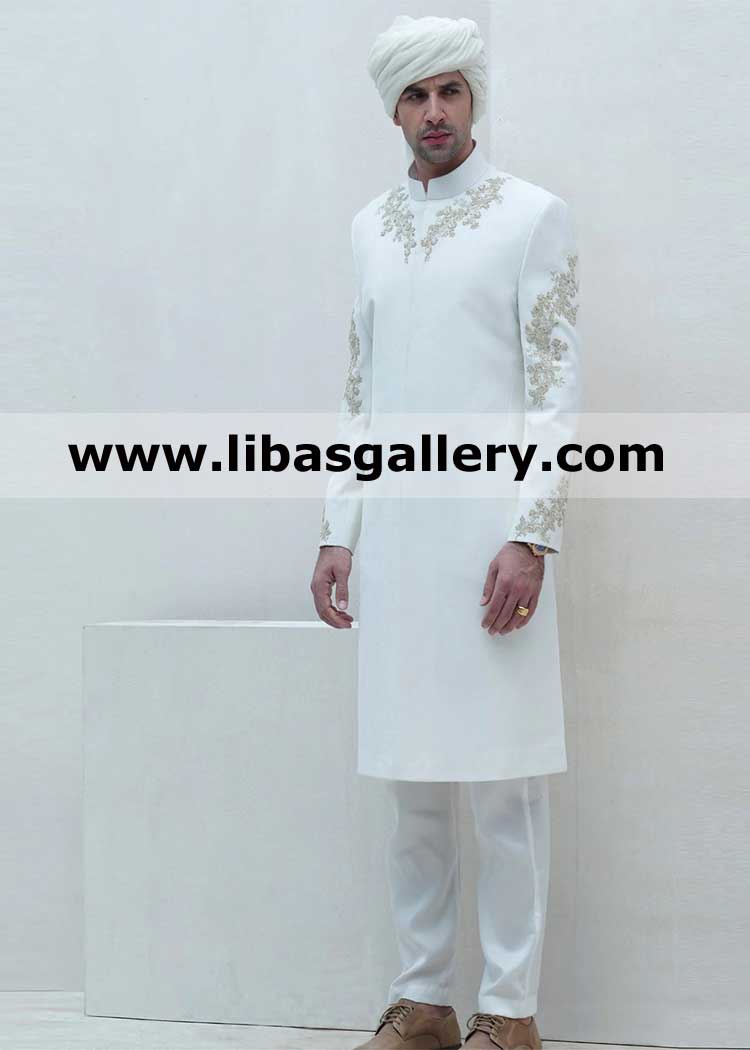 off white beautiful trendy embroidered mens nikah barat sherwani matching turban is optional fast shipping california qatar france bangladesh