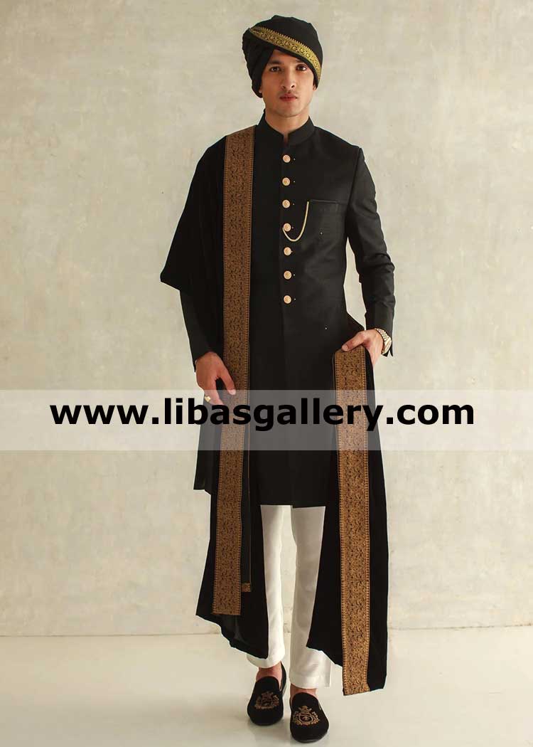 Black short length indo western style groom wedding sherwani gold buttons off white inner suit turban with short tail North Carolina Indiana Usa