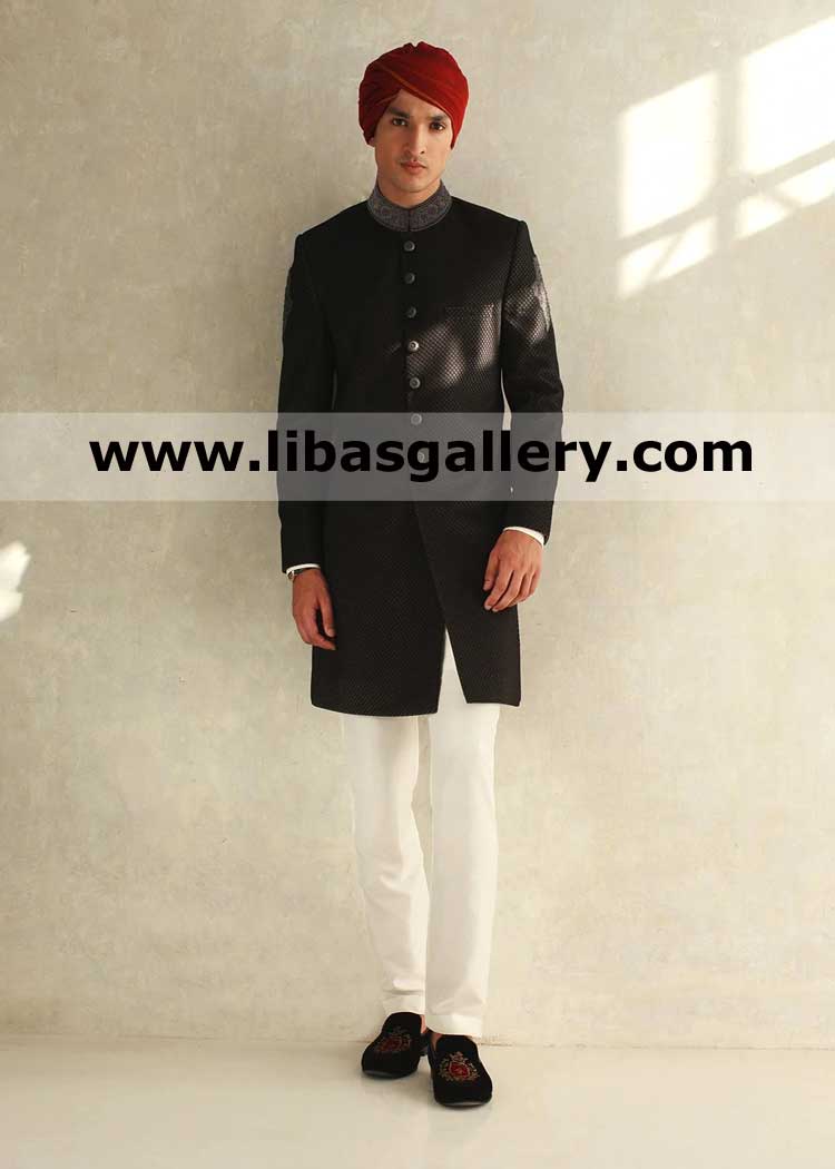 Black embroidered net design fabric wedding jacket for groom
