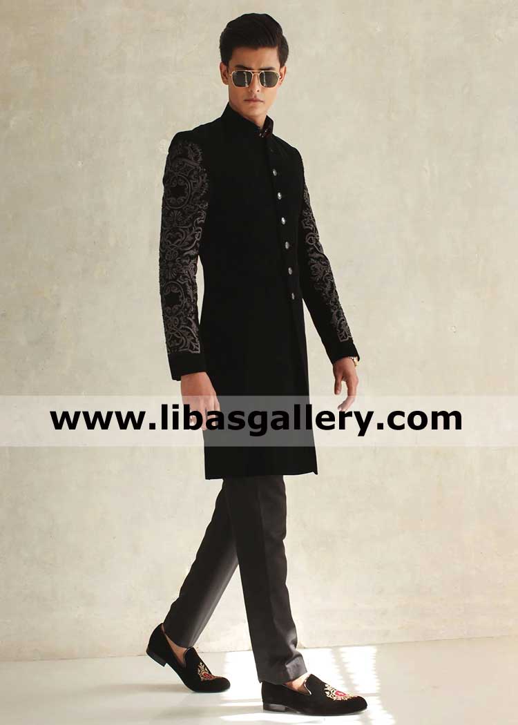 Pakistani black velvet embellished indo western style wedding jacket for groom barat with cotton satin trouser and pretied pagri Georgia Missouri USA
