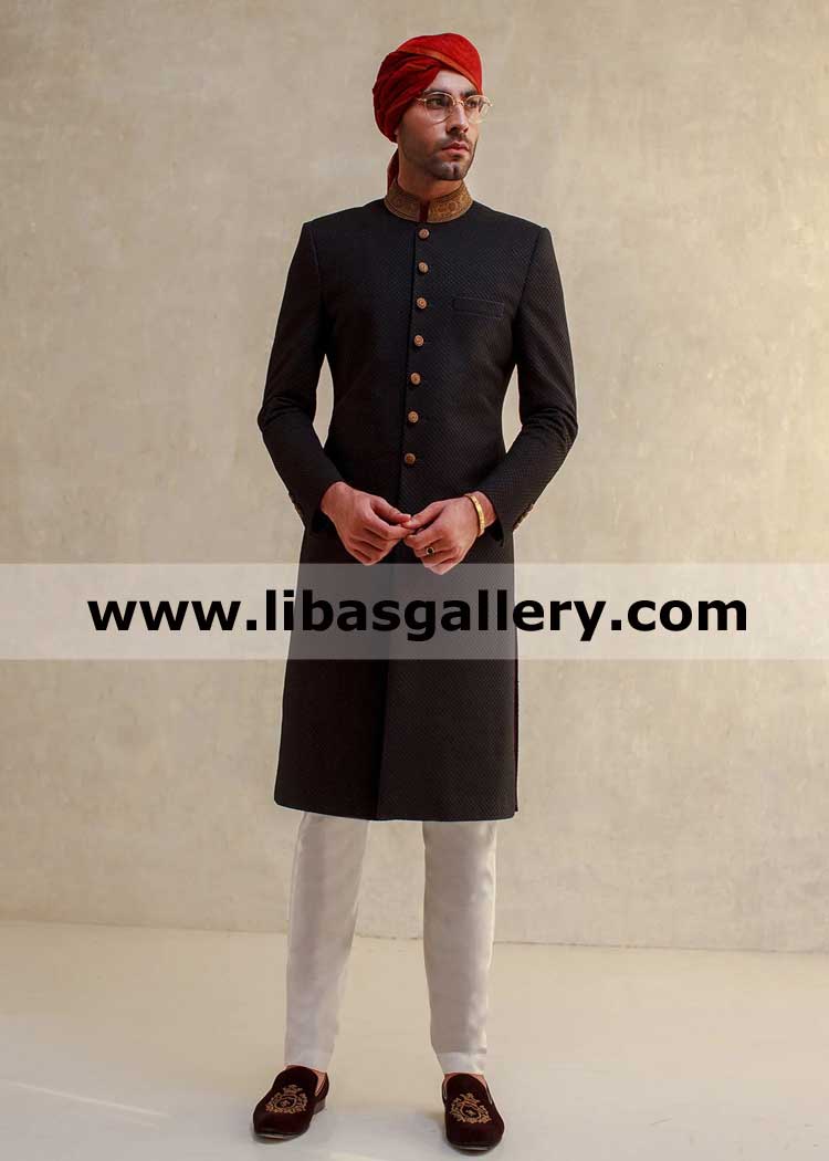 Black Blue two tone Embroidered fabric net design mens sherwani with maroon turban and matching embroidered shoes scotland saudi arabia qatar uae