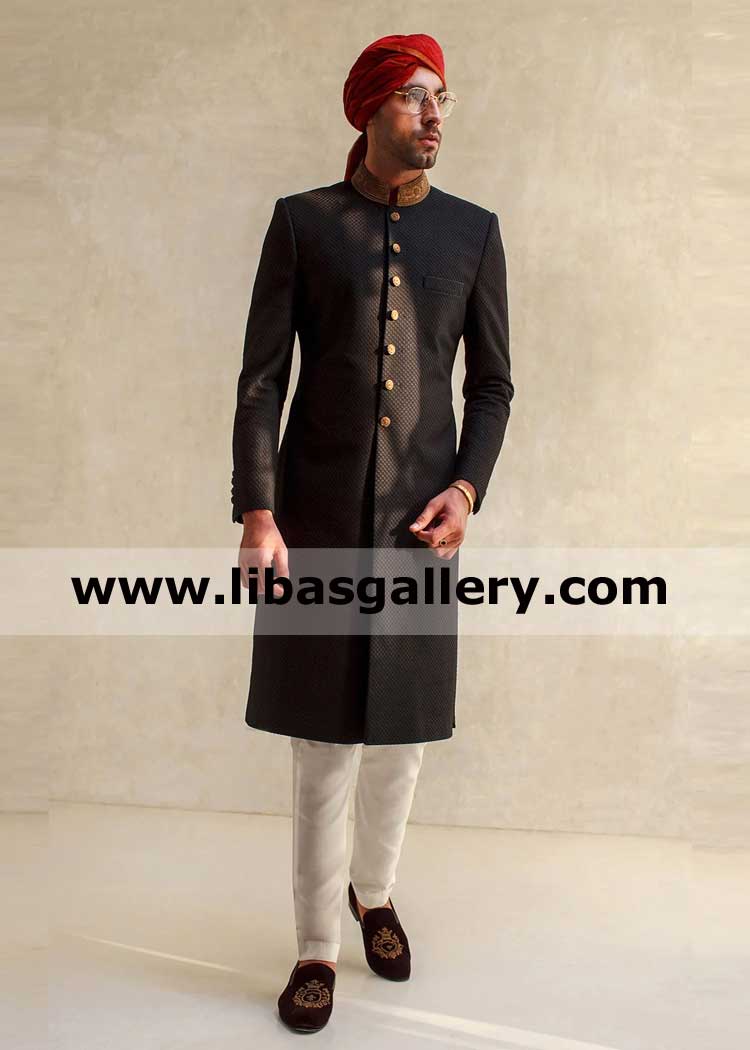 Black Blue two tone Embroidered fabric net design dulha marriage sherwani