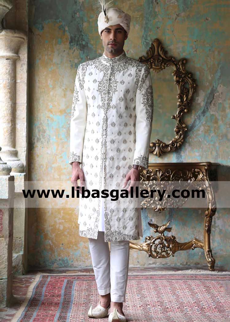 Raw silk Groom off white embroidered nikah shadi sherwani suit with turban fuir brooch and sherwani matching khussa France UAE Germany Australia
