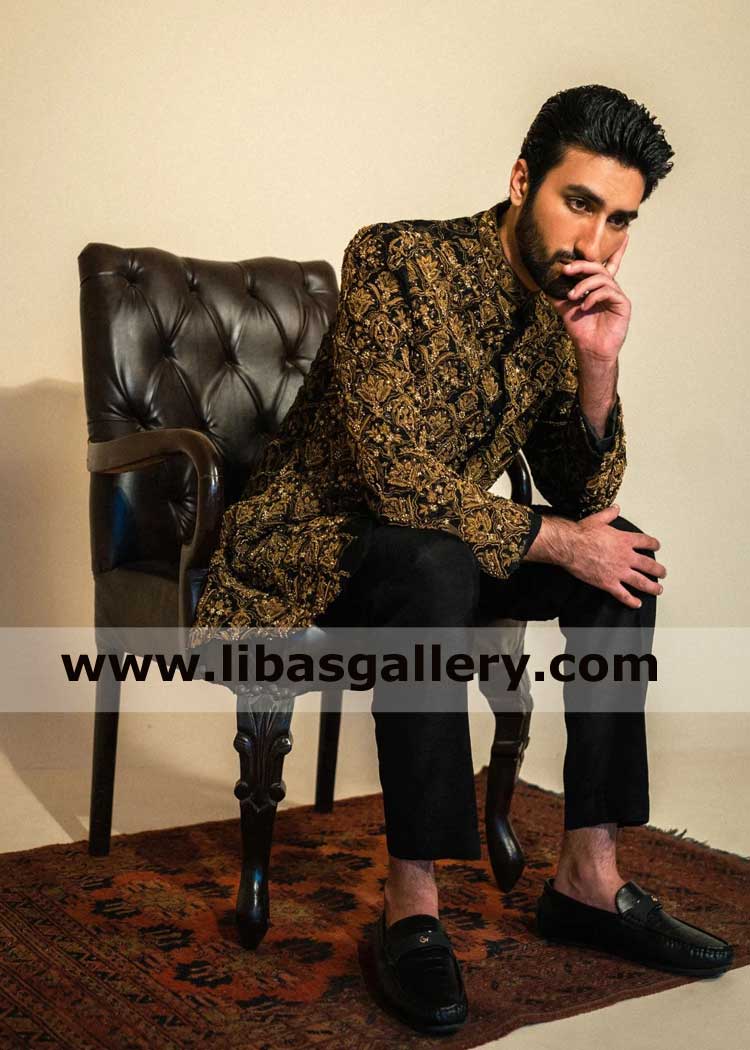 Black groom embellished nikah wedding sherwani suit
