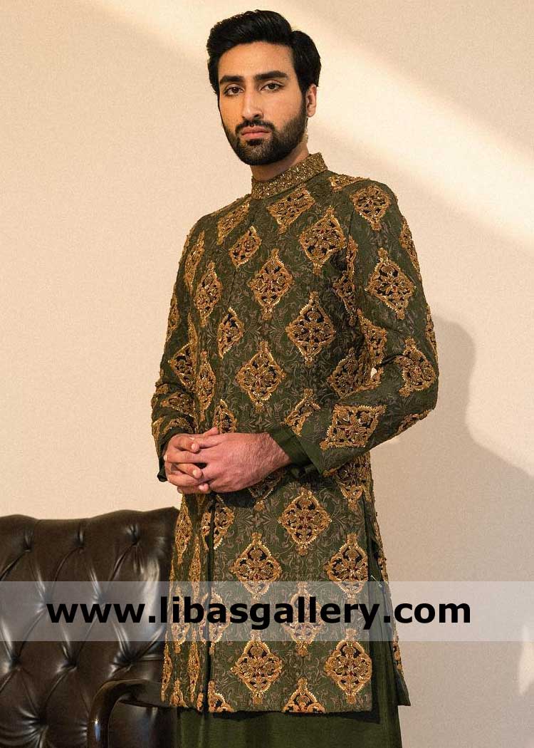 Olive Green Groom Embroidered nikah barat wedding jacket with matching inner and gold antique work on raw silk pure Liverpool Nottingham Sheffield UK