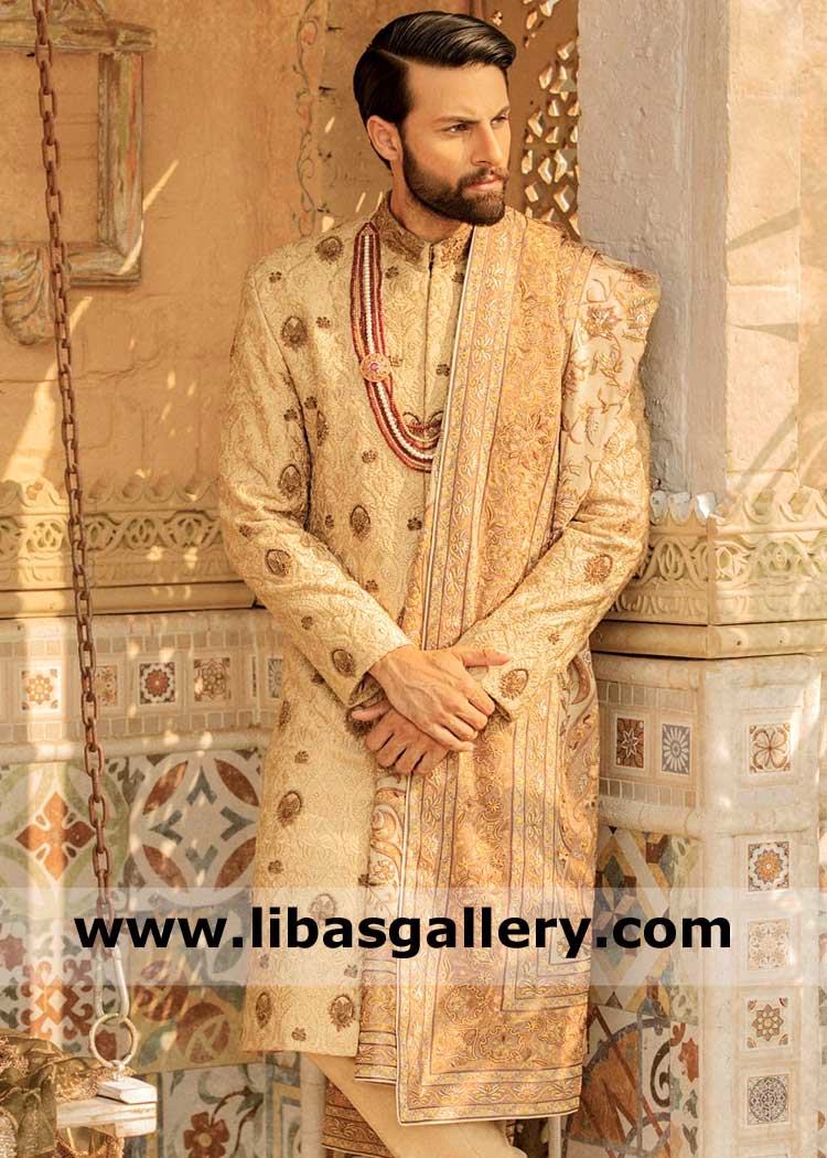 Traditional embroidered beige groom wedding sherwani with antique gold and thread work book order for son and brother sharjah anu dhabi dubai uae