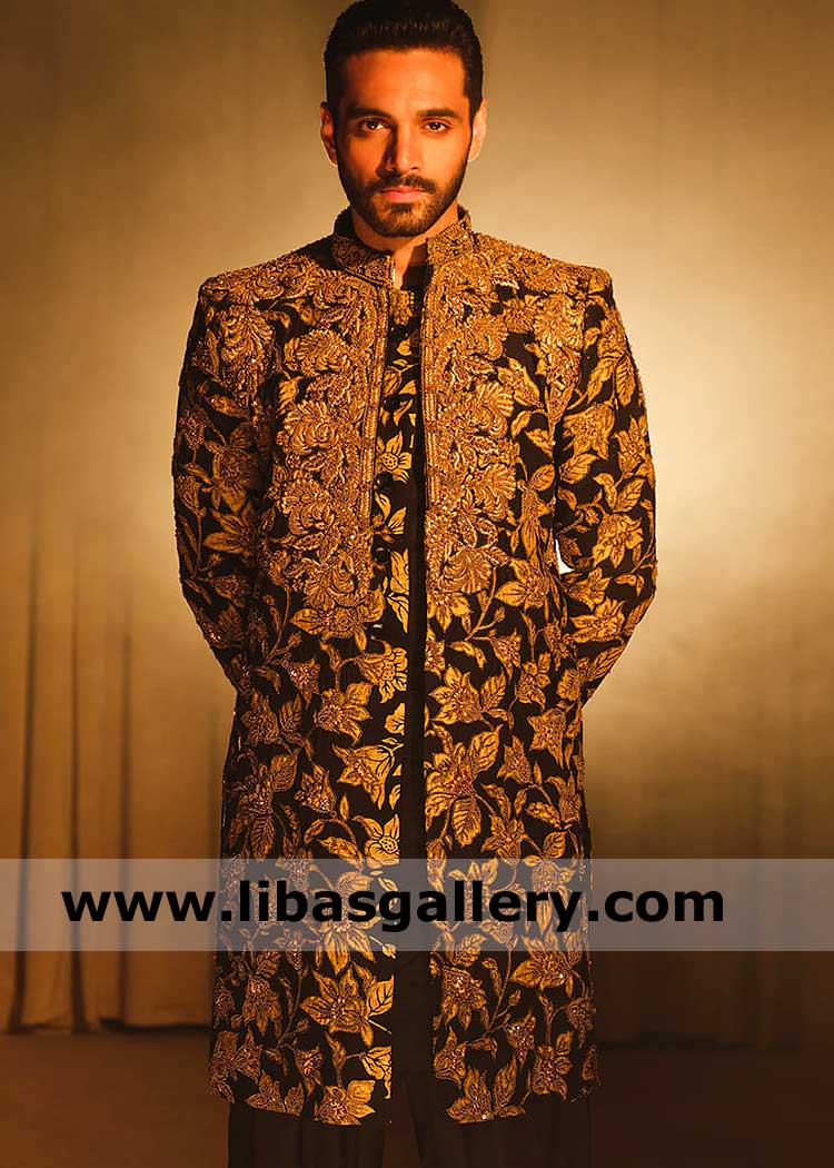 Black gold embroidered Mens Wedding sherwani suit