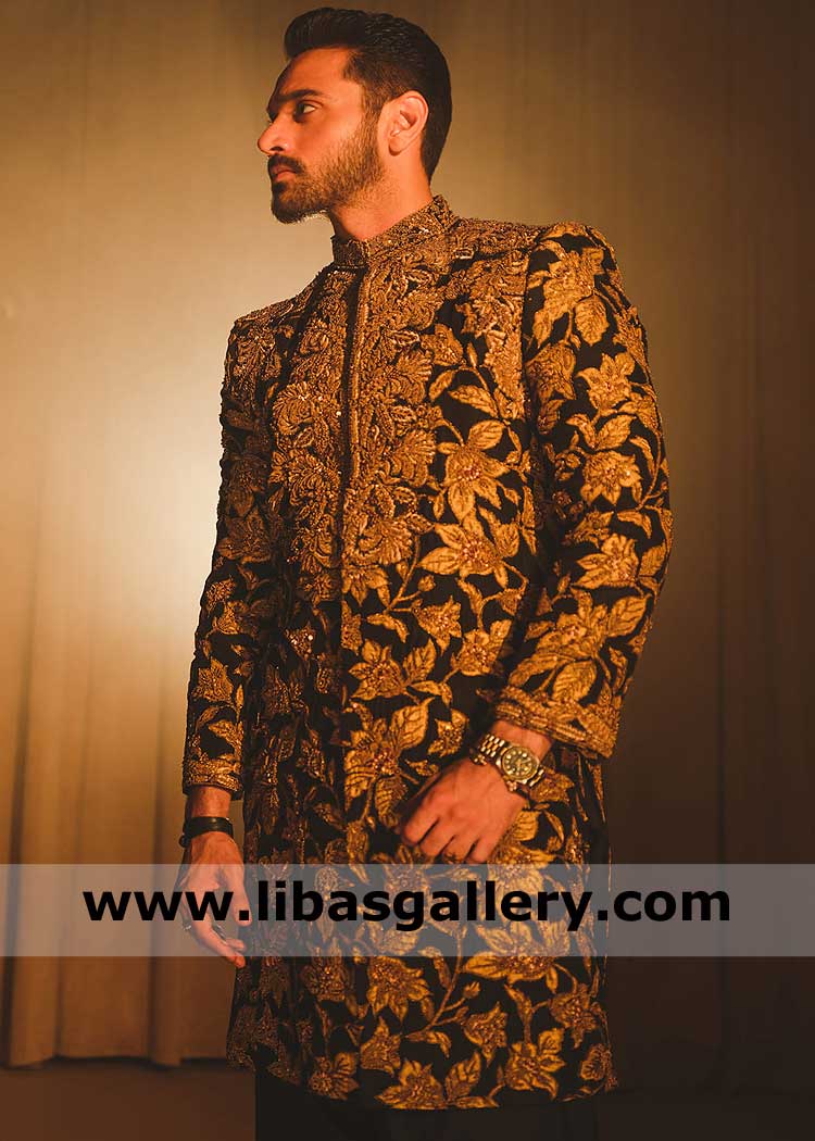 Black gold embroidered Mens Wedding sherwani suit