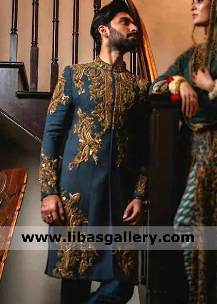 wedding sherwani custom made blue with antique and gold hand work on collar sleeves front paired with pants suitable for nikah barat event qatar usa uk canada