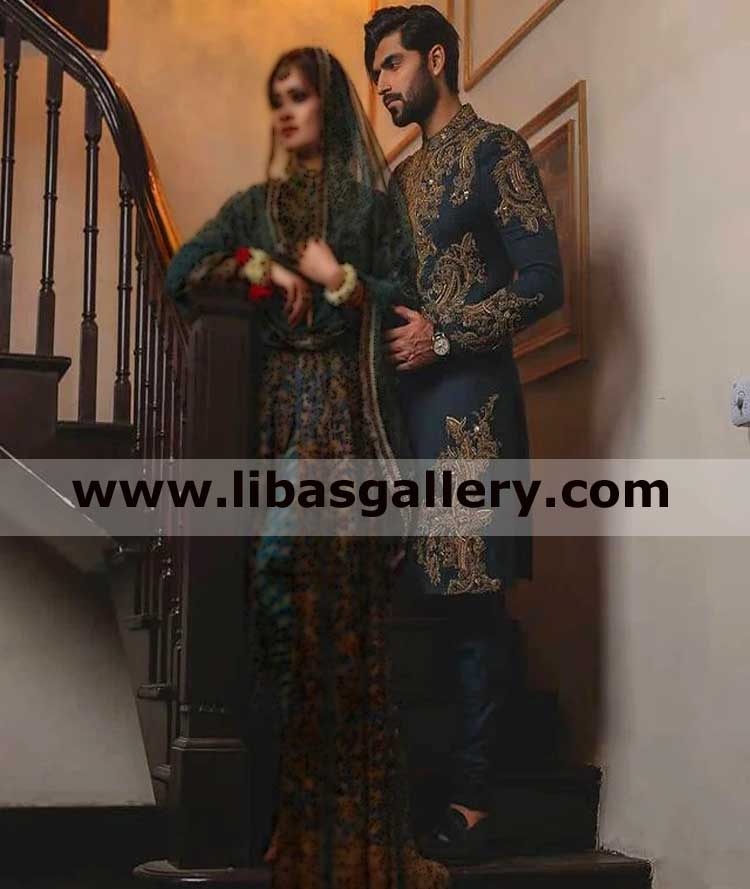 Groom awesome blue gold wedding sherwani suit