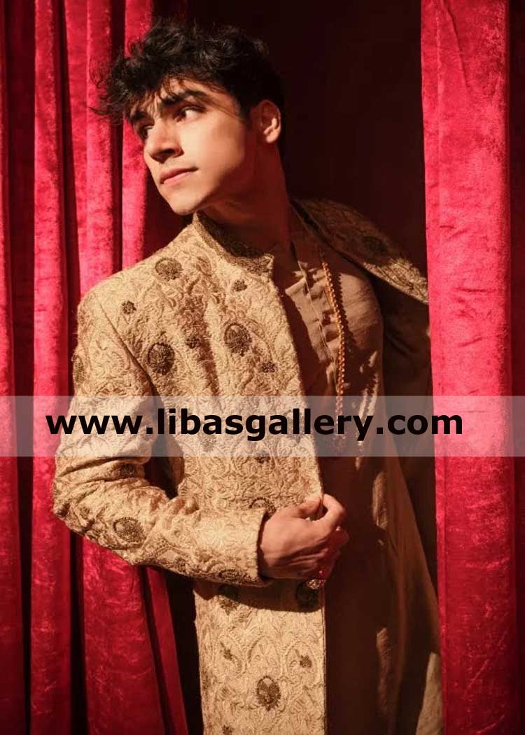 traditional beige hand embellished groom sherwani antique gold work by kora and thread on pure raw silk paired with pants france germany saudi arabia