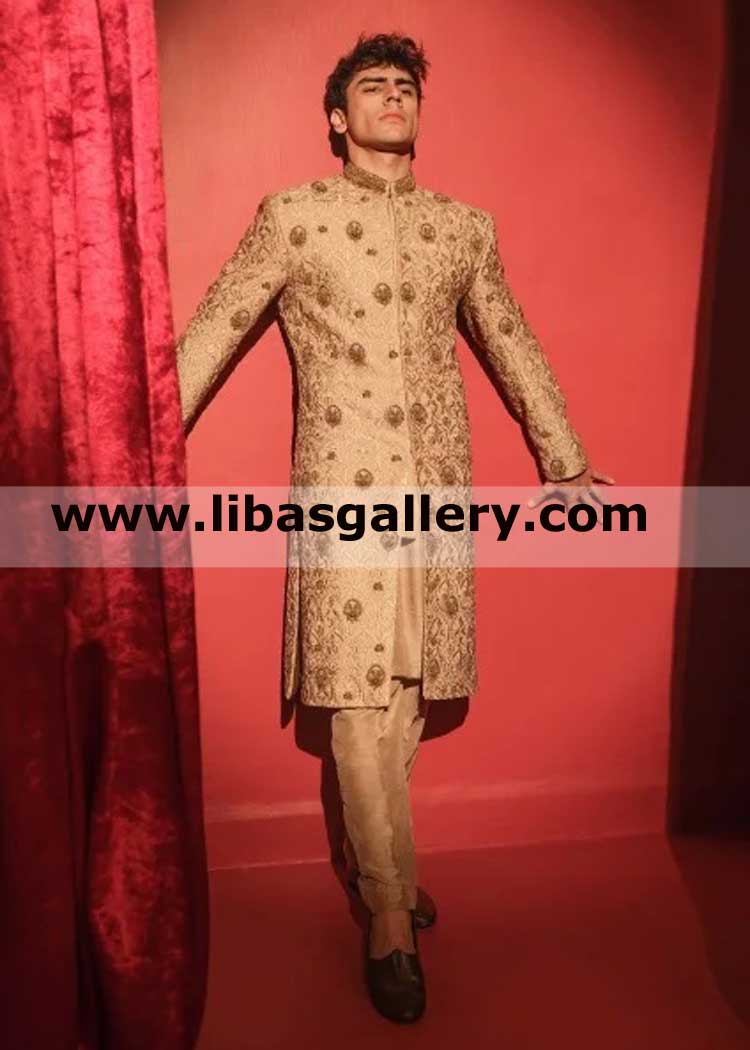 Traditional beige groom designer wedding sherwani article
