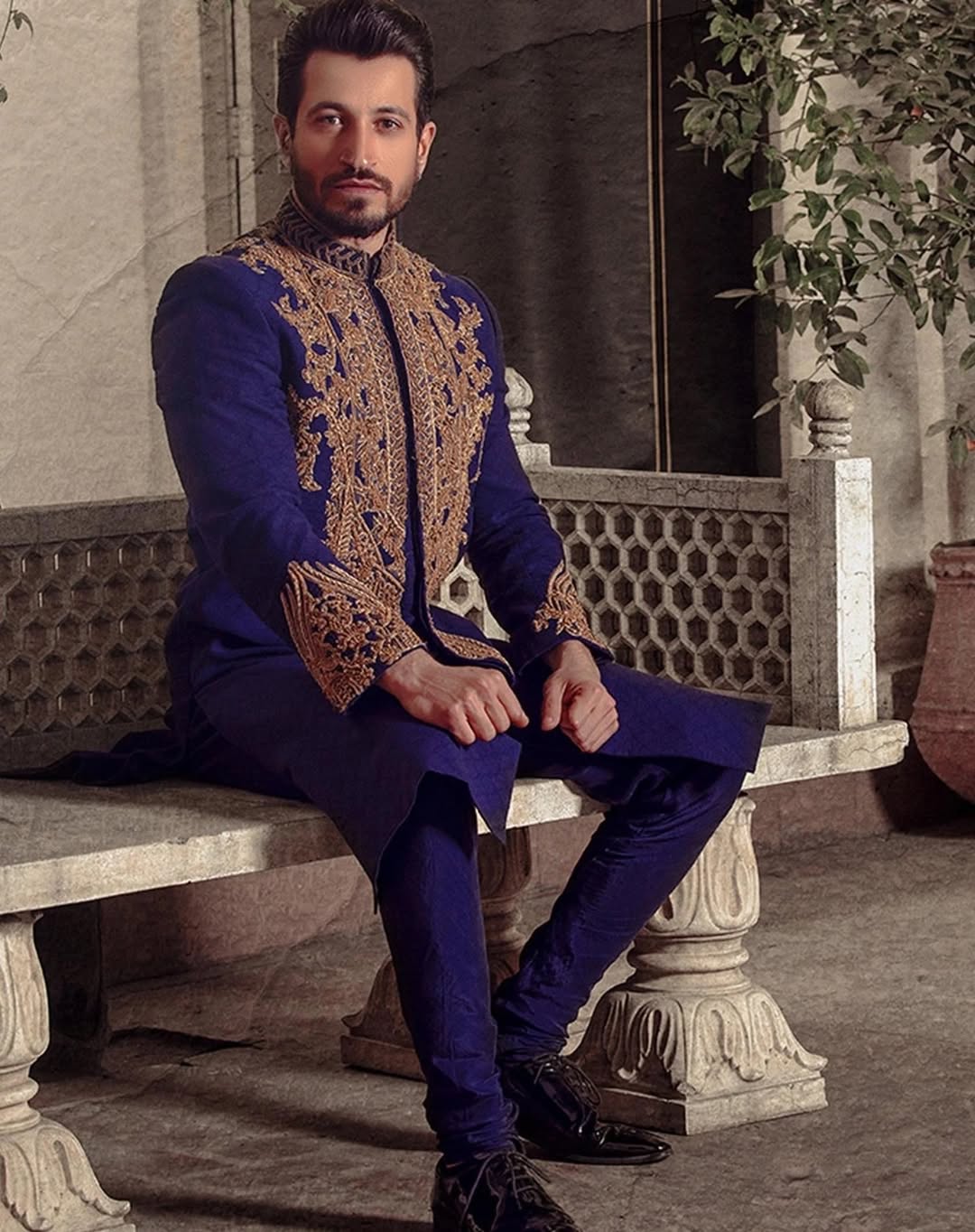 Blue Raw silk gold embellished groom wedding sherwani