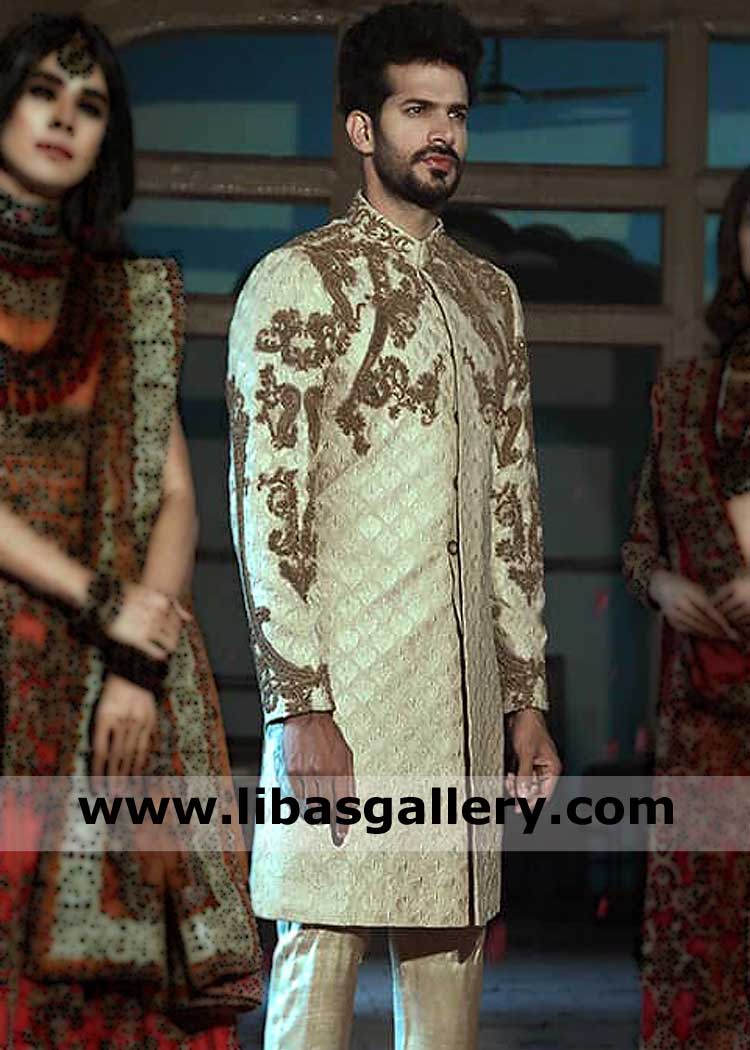 designer sherwani with antique gold hand work for groom nikah barat day in small medium large and XL sizes uk usa canada australia uae