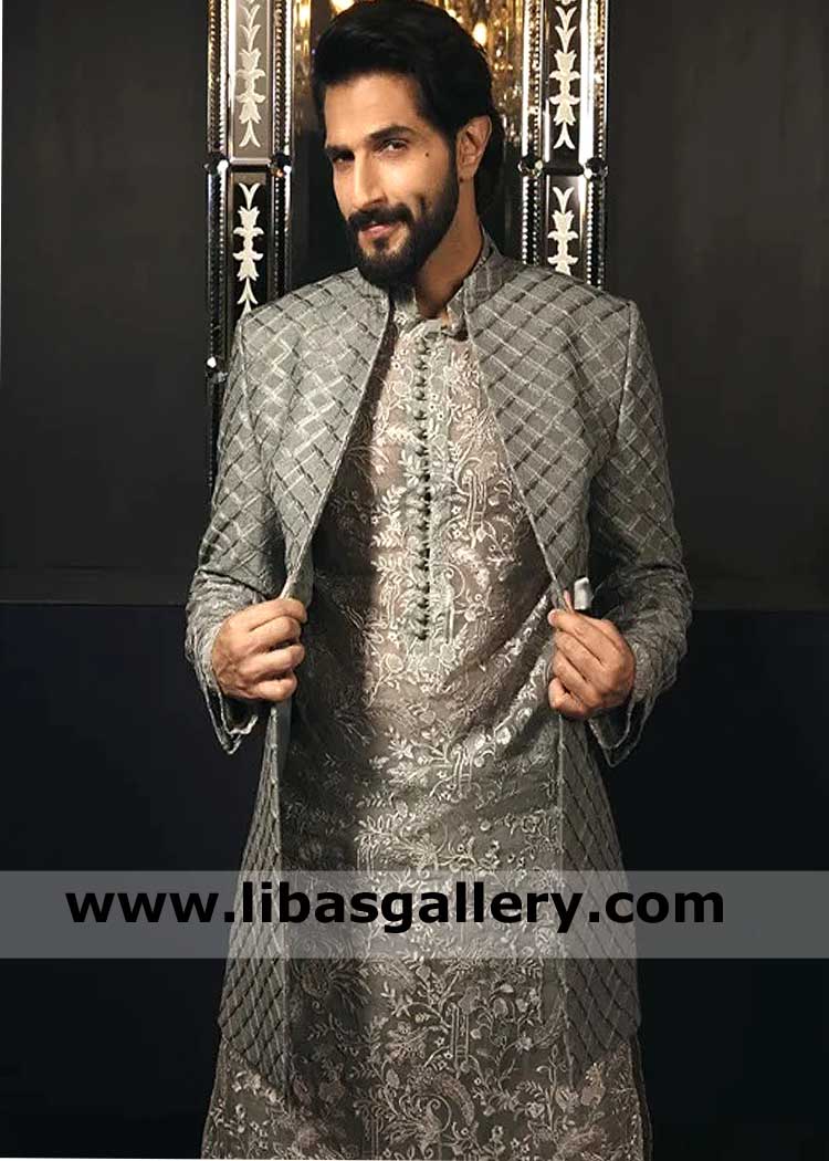 Mens front open button less gray heavy embroidered marriage sherwani suit paired with pants bilal ashraf wearing deisgner achkan uk usa canada uae