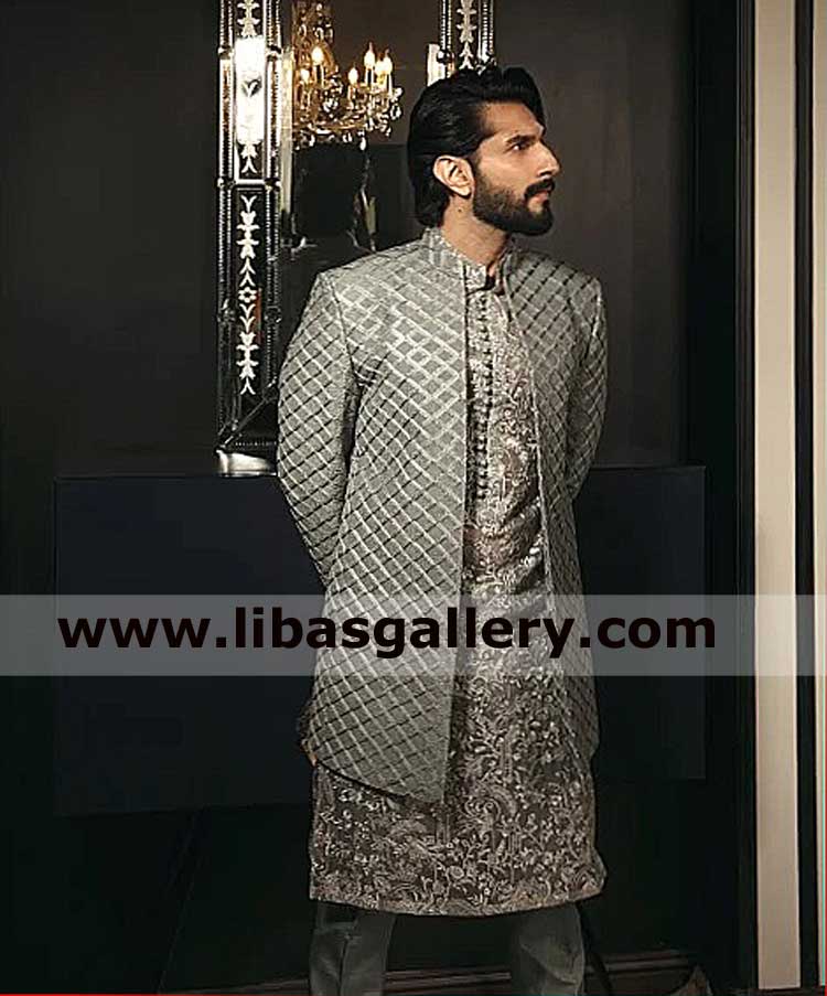 Mens front open button less gray marriage sherwani suit