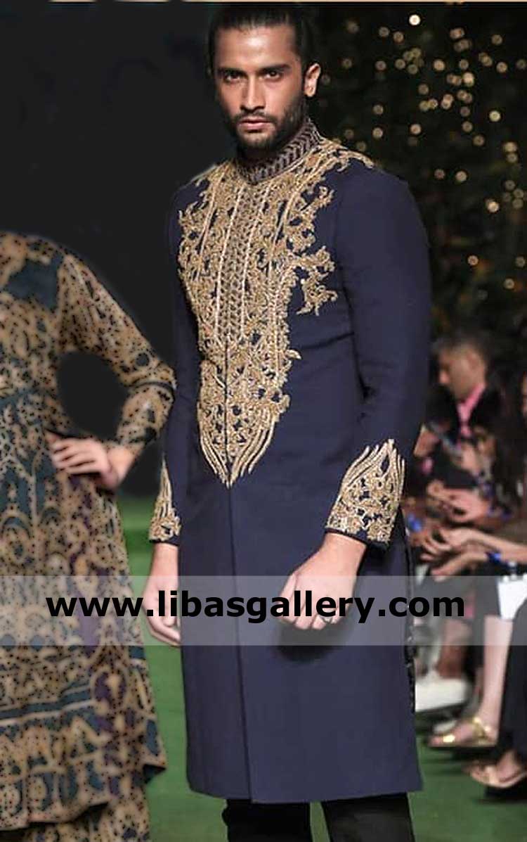 Groom love marriage gold thread hand embellished sherwani for nikah commitment fast postage worldwide glasgow toronto california dubai