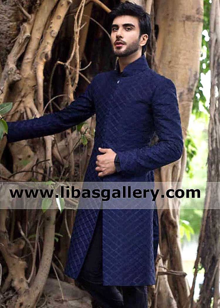 Imran abbas in perfect fitting Embroidered blue groom sherwani suit available with inner suit matching quick postage saudi arabia qatar oman bahrain