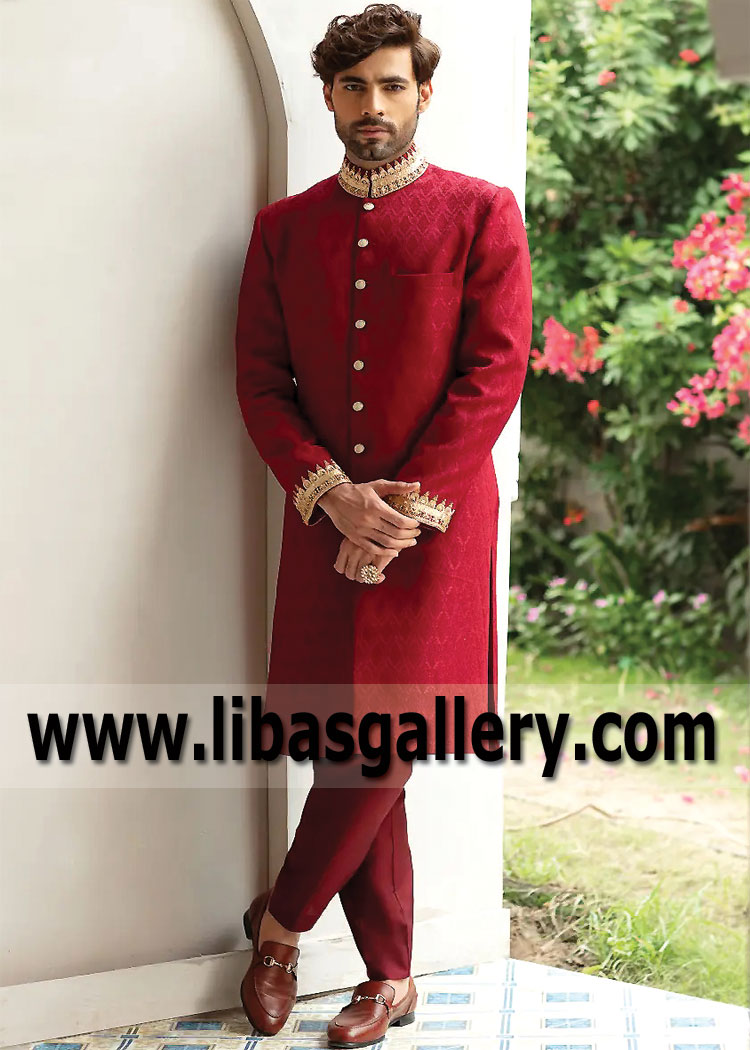 ceremony wedding sherwani in red with beautiful embroidery on collar and cuff paired with inner matching Dallas Fort Worth Louisville USA