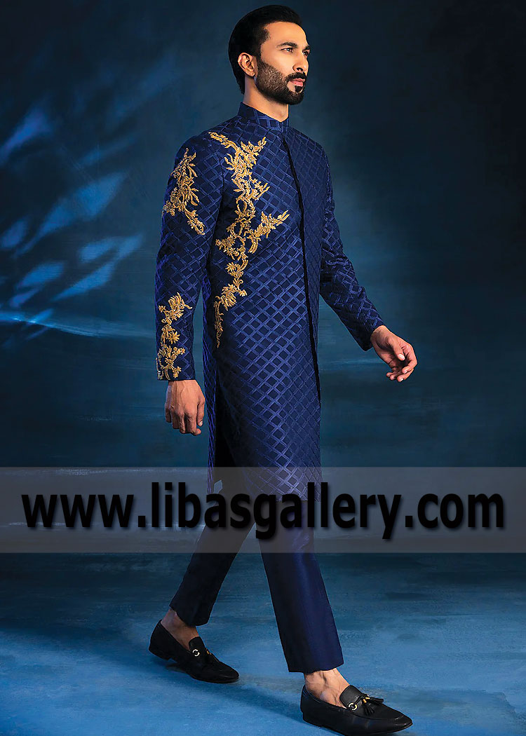 Blue gold embroidered groom sherwani kora Dabka Swarovski crystal hand work shine on special nikah barat day Huntsville Boulder City California City USA