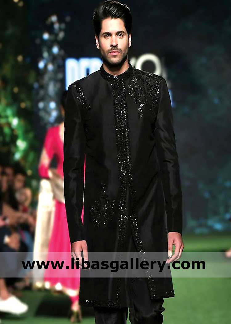 black groom sherwani dress with beads cut dana crystal matching hand work on front panels paired with pants uk usa dubai australia france