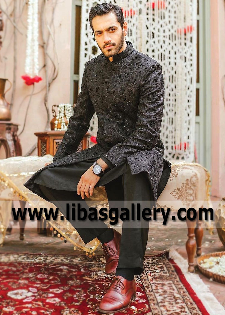 Black Hand Embellished Fancy Groom Wedding Sherwani