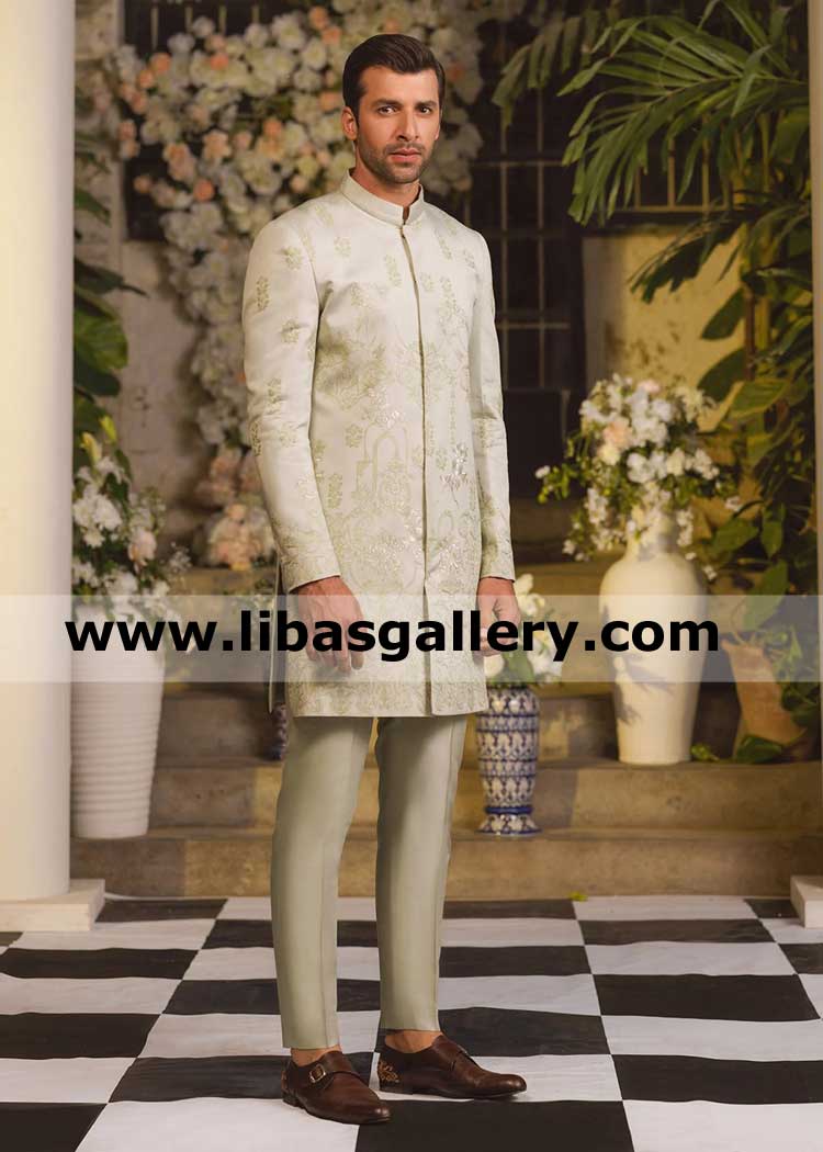 Groom monotone thread work nikah barat sherwani mint green with raw silk pajama high quality wedding jacket pakistan saudi arabia qatar dubai