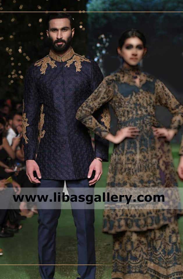 black and gold groom nikah day sherwani with antique gold hand embellishment on collar sleeves and panels uk usa canada
