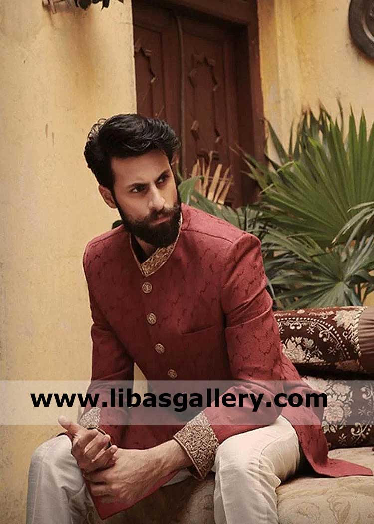 Maroon band collar amazing nikah barat wedding sherwani