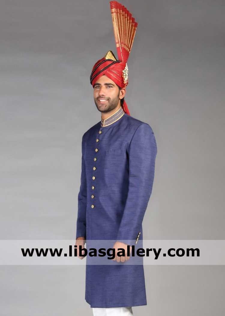 raw silk high quality wedding sherwani 17 buttons metal and inner suit pretied tower turban is option to add  New York California USA