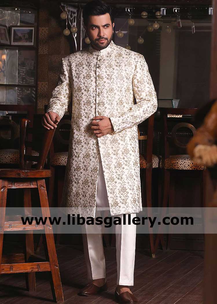 Traditional Groom Embroidered wedding sherwani design in ivory with gold metal fancy buttons best for nikah barat dulha Kentucky Wisconsin Maryland USA