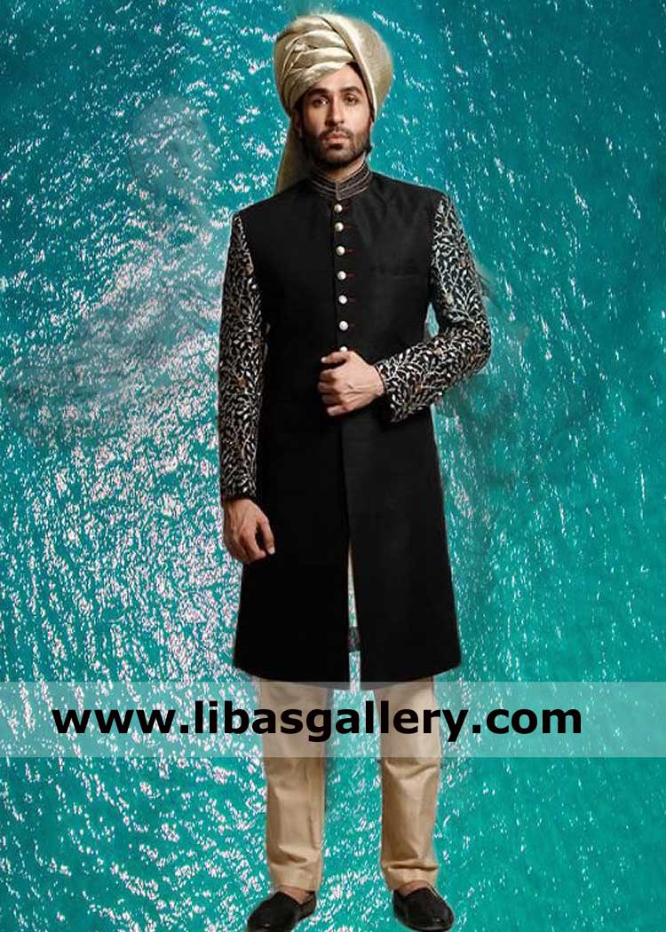 Black designer sherwani suit with embroidered sleeves collar gold jamawar pretied turban with tail men achkan with inner suit qatar dubai saudi arabia