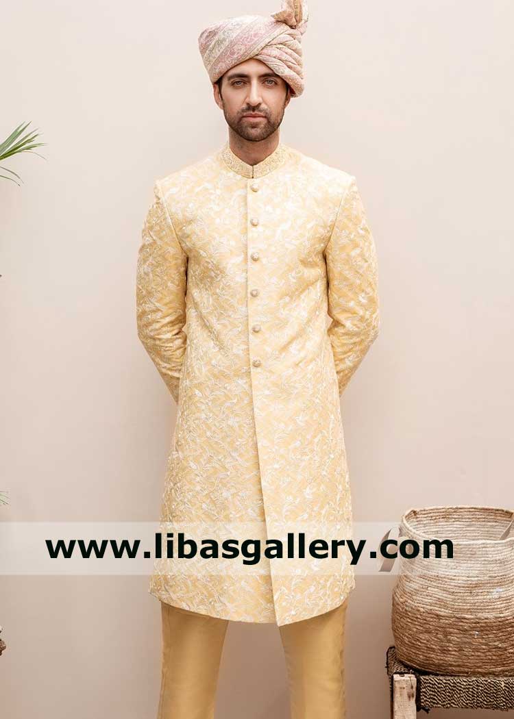 Yellow gold sherwani with off white nice embroidery pattern all over available with inner suit and pretied turban fast delivery to Quebec city Vancouver Canada